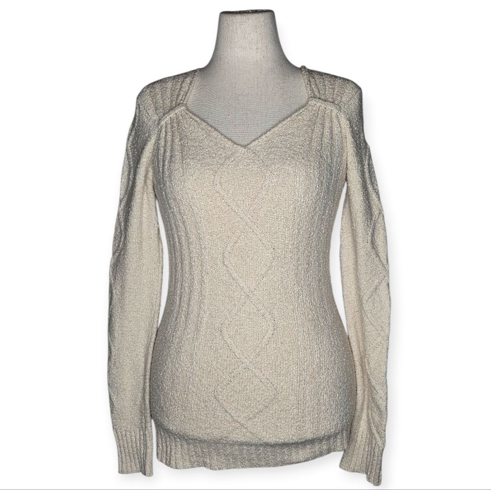 BKE Cream Cable Knit Sweater V Neck Textured Boucle Cotton Blend L